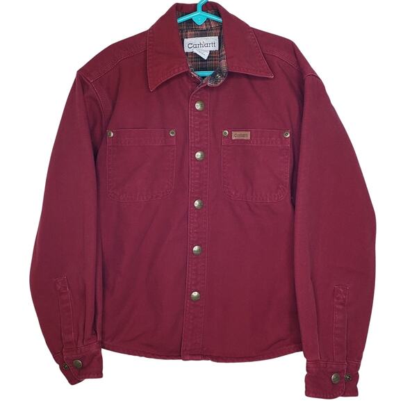 CARHARTT Boys Plaid Flannel Lined Canvas Shirt Shacket Burgundy Size Small